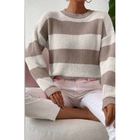 Round Neck  Color Block Drop Shoulder Pullover - Picture 3 of 5